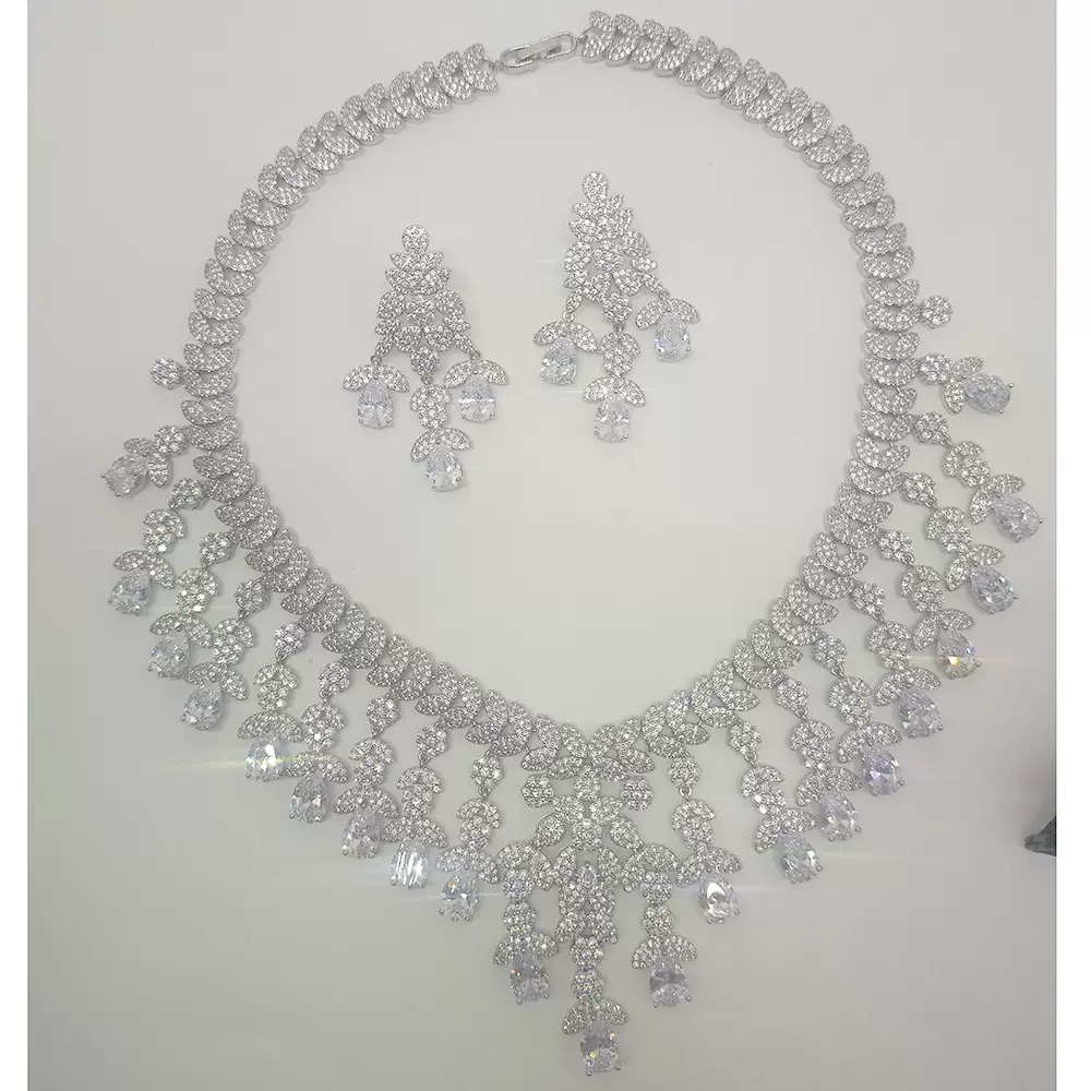 Full Diamond flower zircon Necklace,bracelet,earrings &ring - four Piece set - Image 3