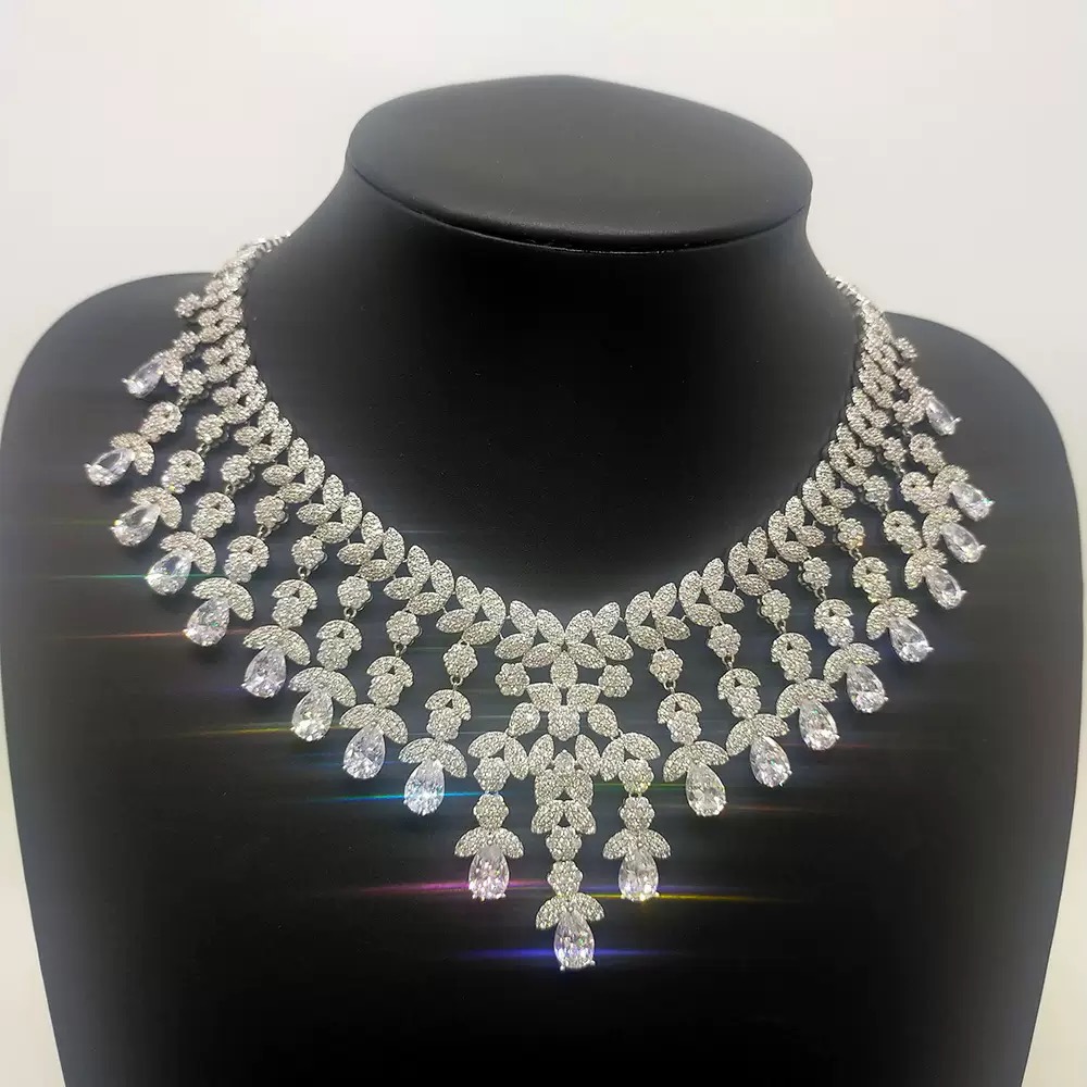 Full Diamond flower zircon Necklace,bracelet,earrings &ring - four Piece set - Image 2