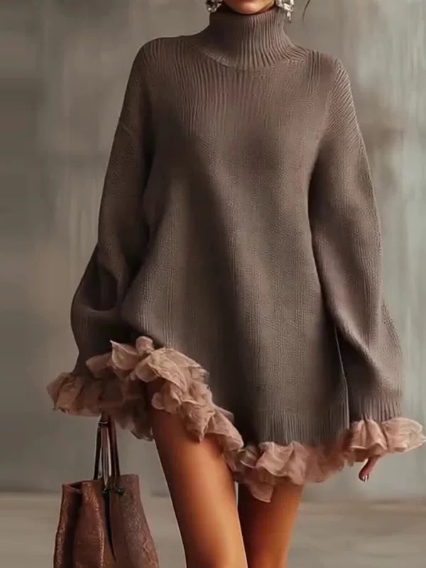 Knitted High-neck Ruffled Patchwork Sweater - Image 3