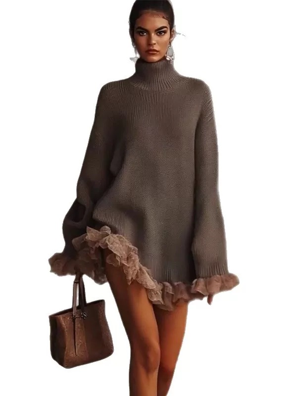 Knitted High-neck Ruffled Patchwork Sweater