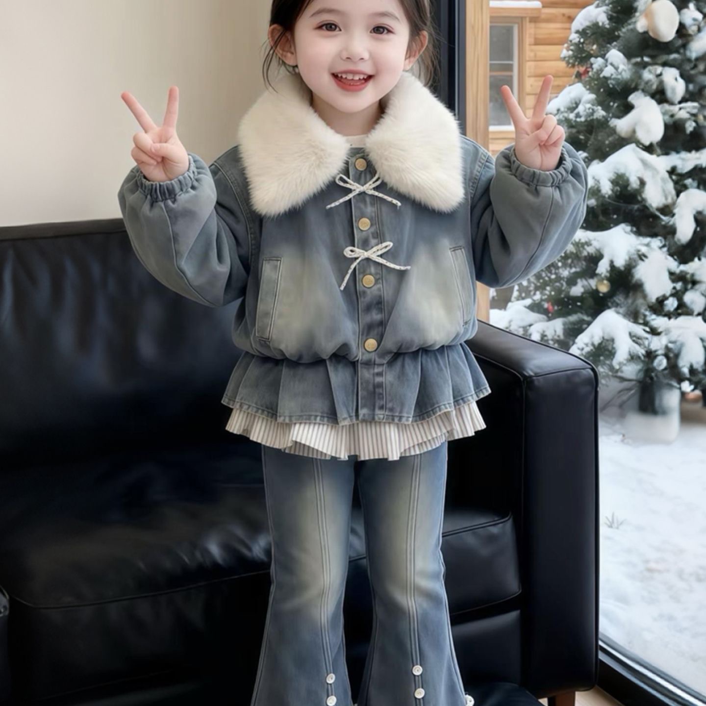 Winter Fleece ,thickened Denim set