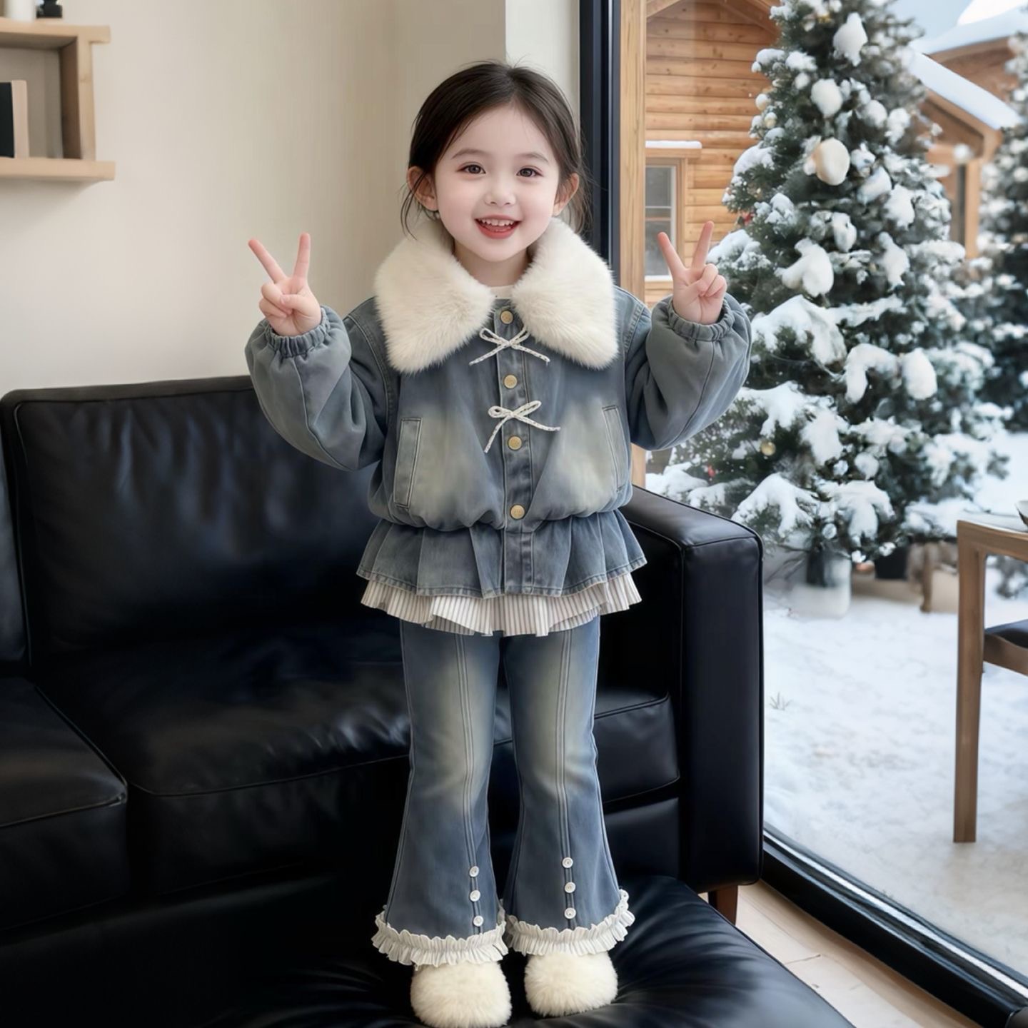 Winter Fleece ,thickened Denim set - Image 2