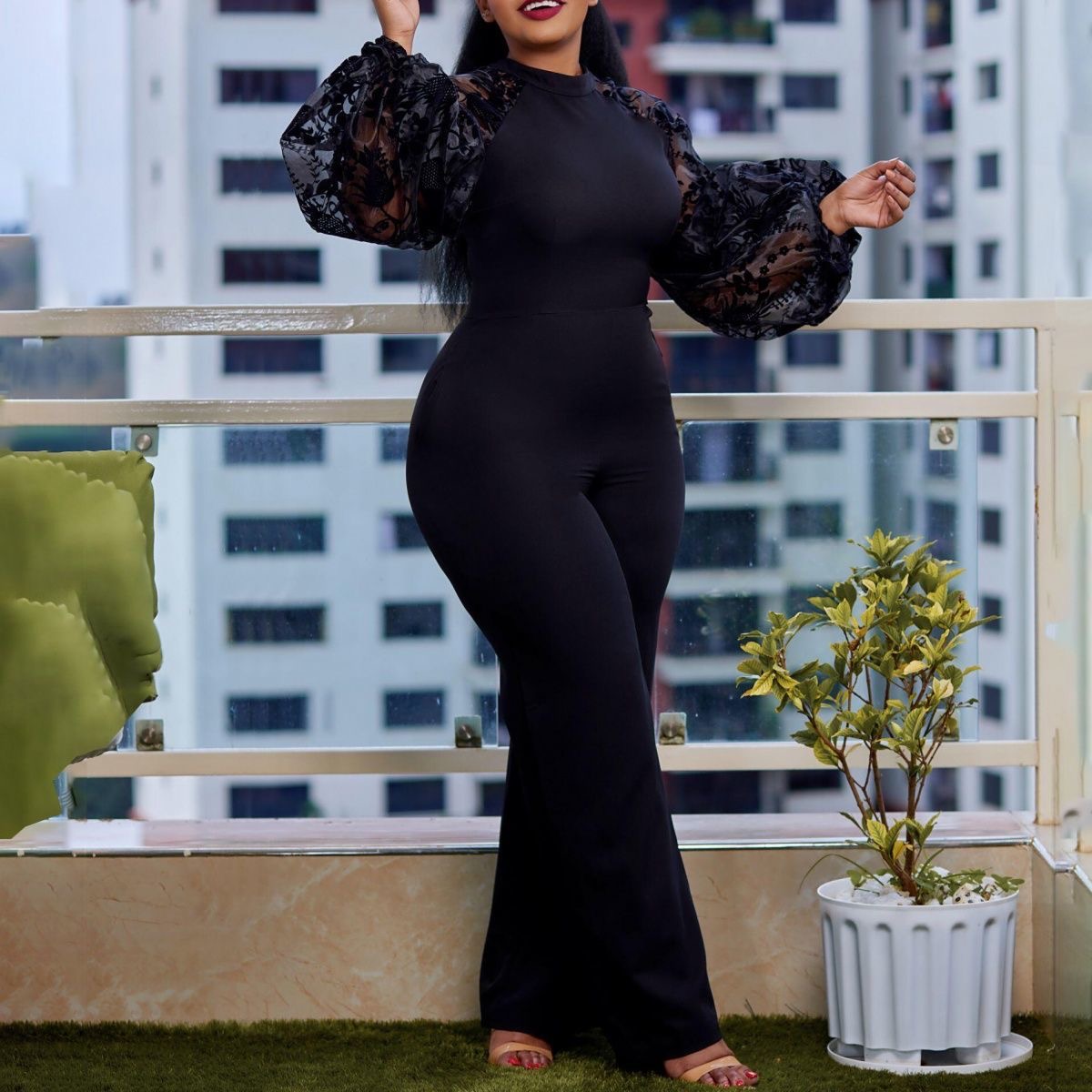 Temperament gauze lantern sleeve Jumpsuit