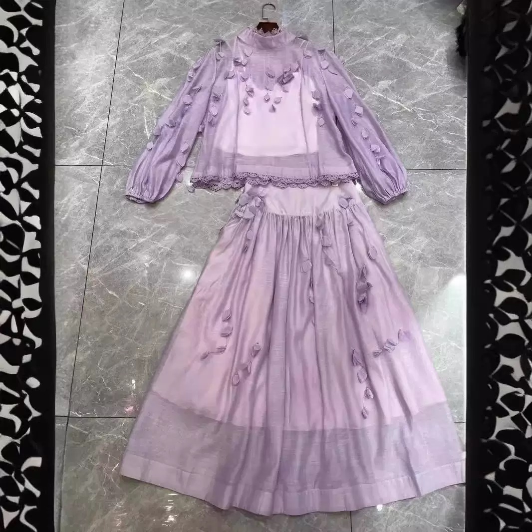 French goddess suit dress floral appliqué high waist - Image 3