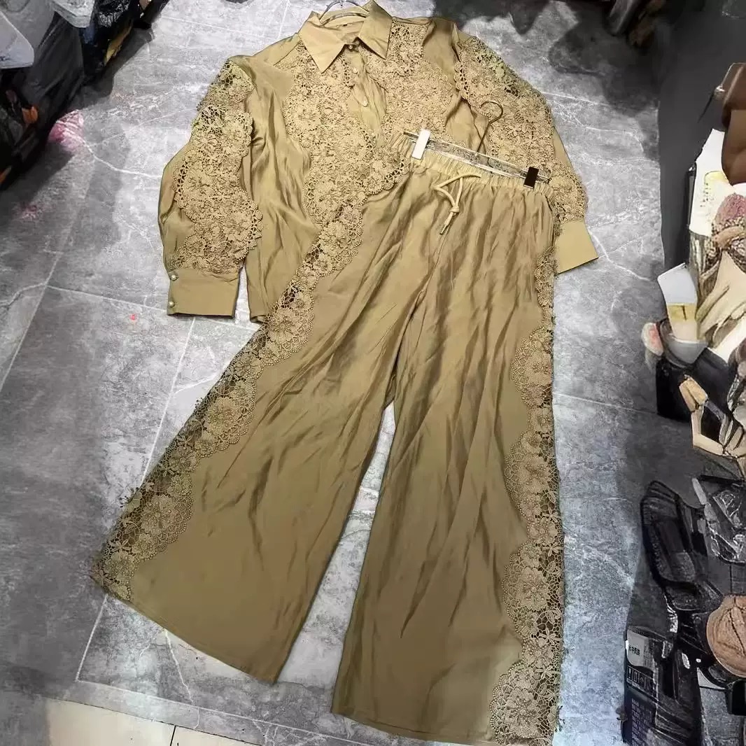 Heavy Embroidery lace collar shirt with Elastic waist & Straight leg pants - Image 2