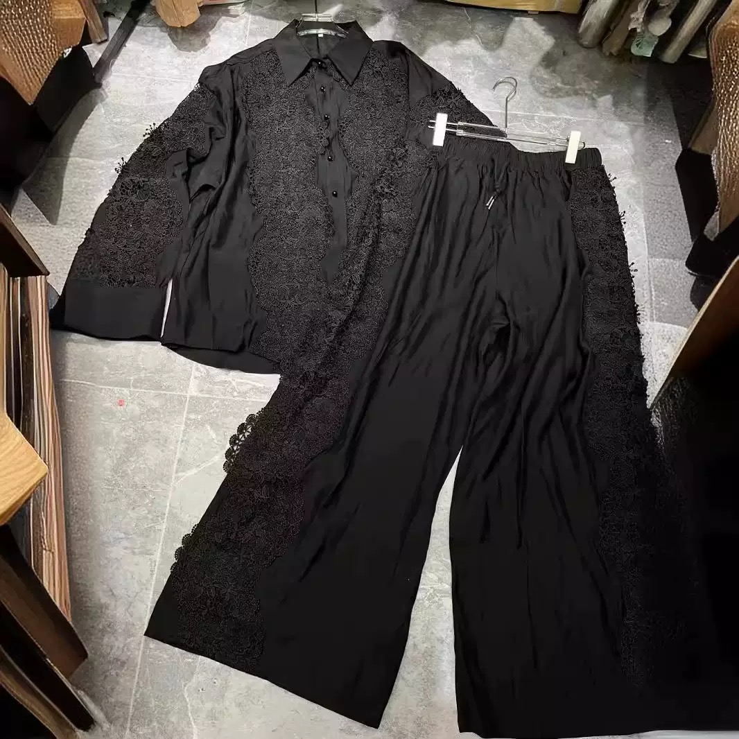 Heavy Embroidery lace collar shirt with Elastic waist & Straight leg pants - Image 3