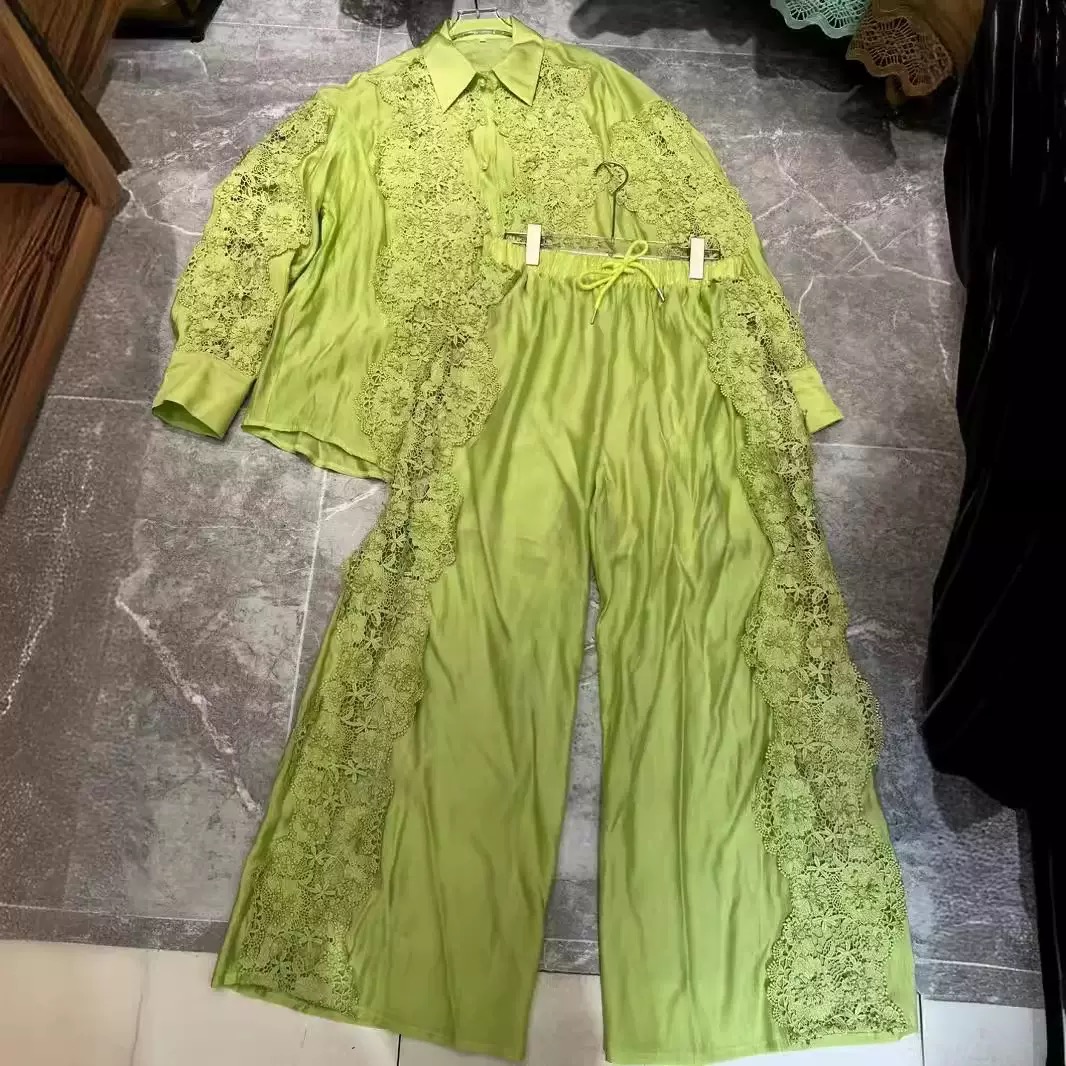 Heavy Embroidery lace collar shirt with Elastic waist & Straight leg pants