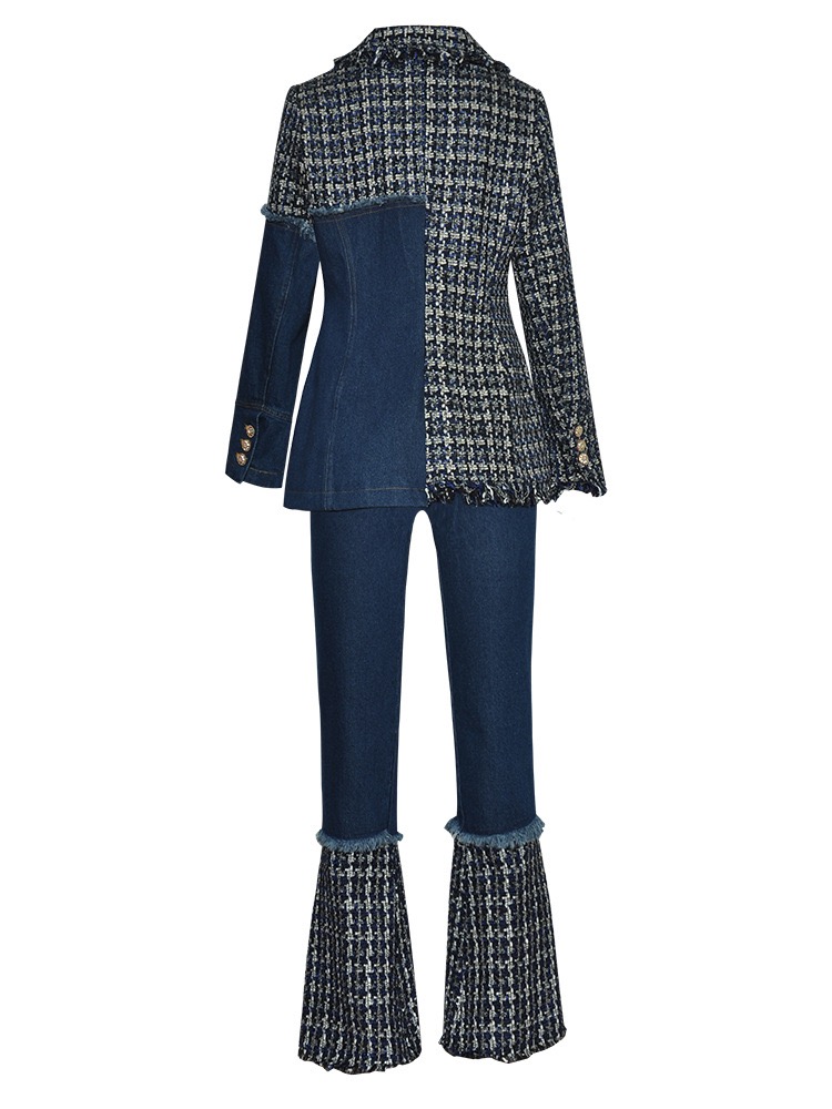 Plaid patchwork denim suit jacket with flared trousers - Image 3