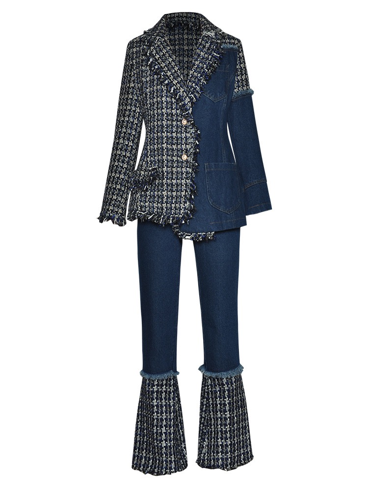 Plaid patchwork denim suit jacket with flared trousers