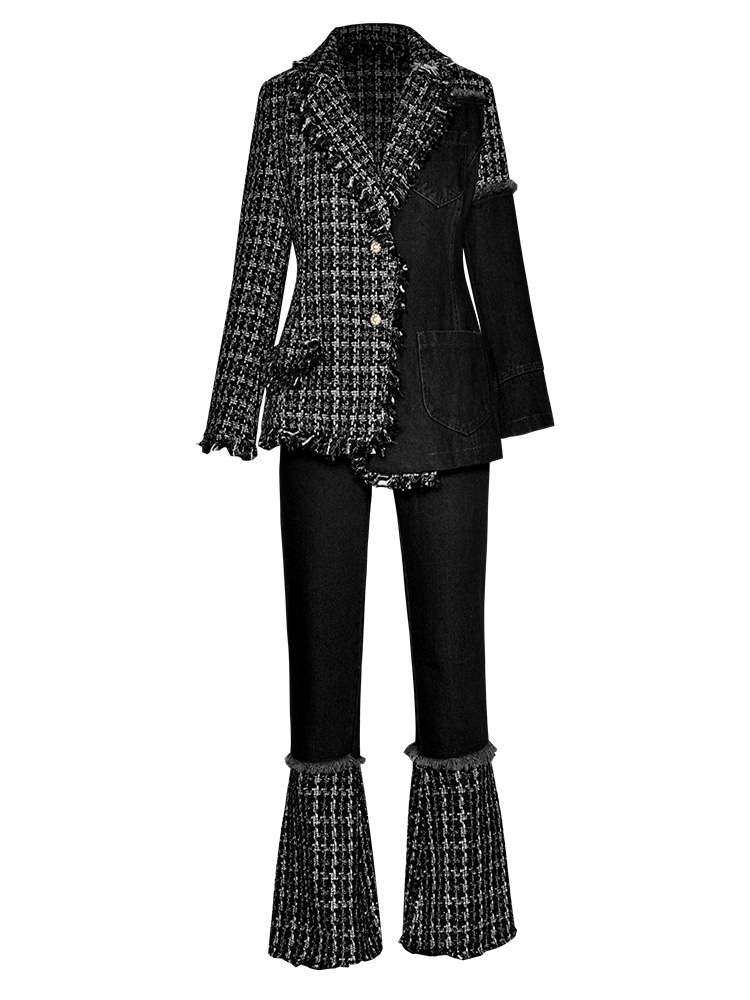 Plaid patchwork denim suit jacket with flared trousers - Image 2
