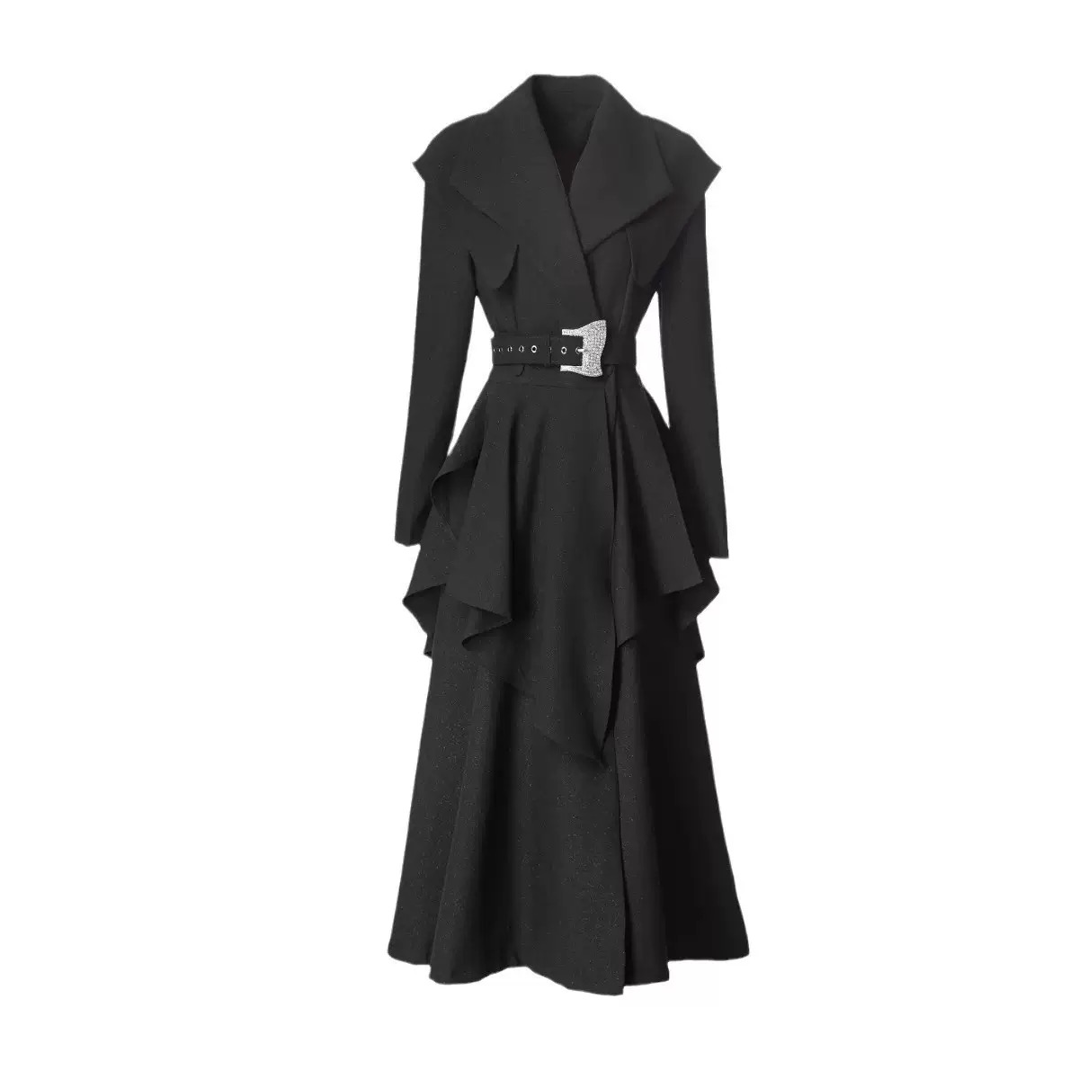 Midi trench coat dress with a flared skirts ,cinched waist & ruffled hem