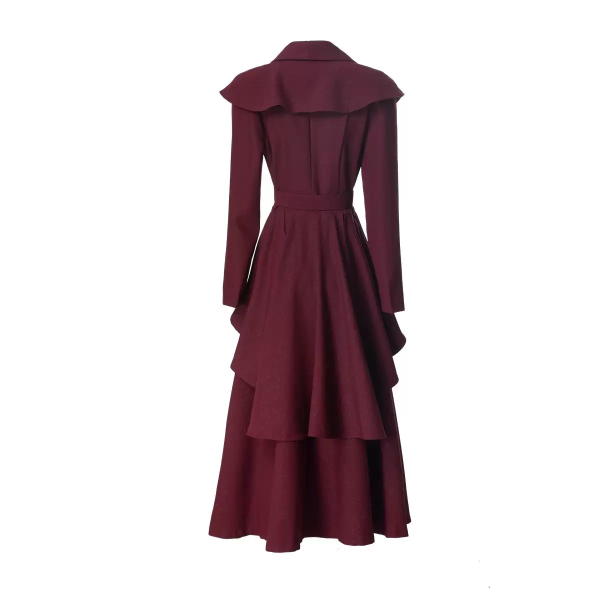 Midi trench coat dress with a flared skirts ,cinched waist & ruffled hem - Image 3