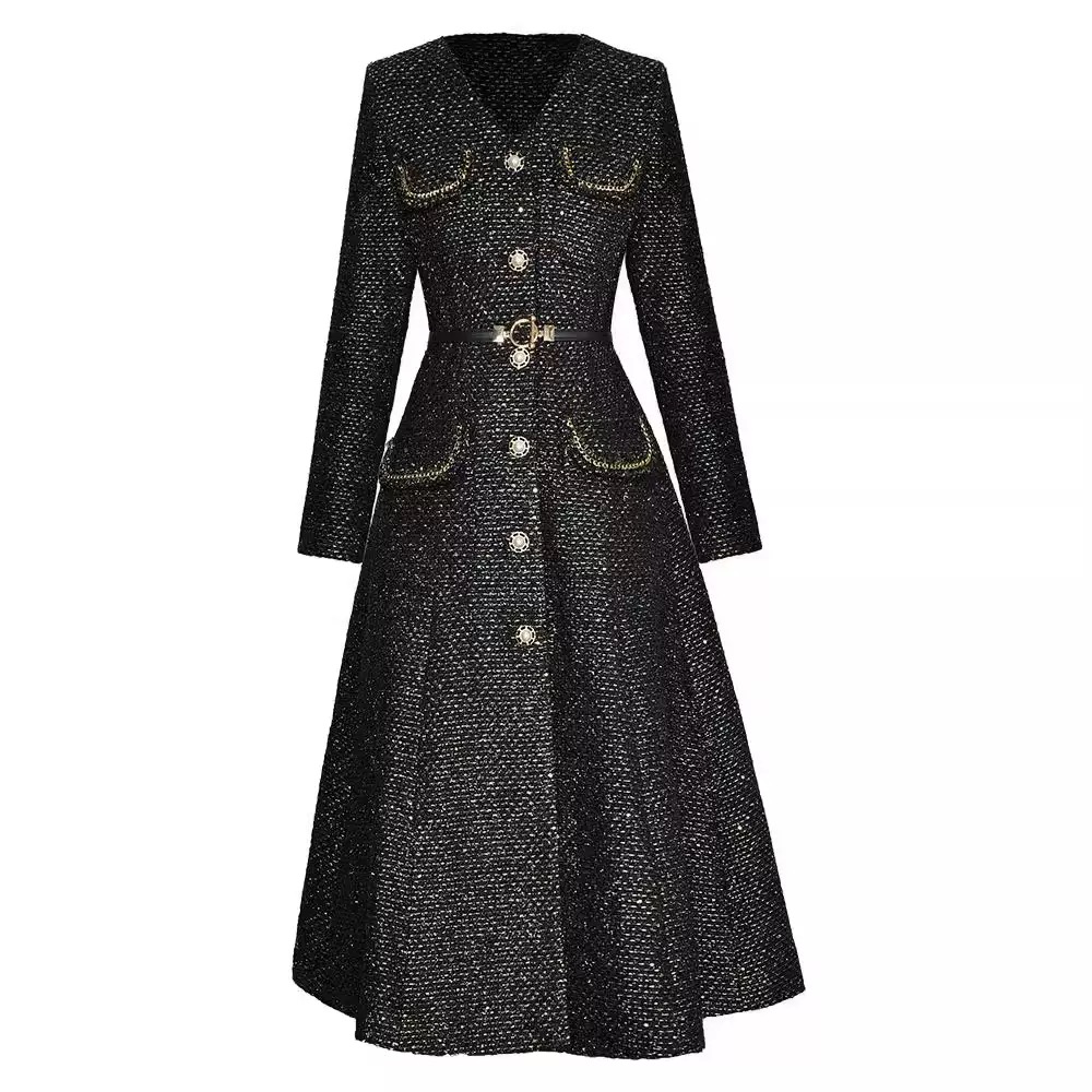 Single breasted gold -threaded,belted,fitted waist  trench coat