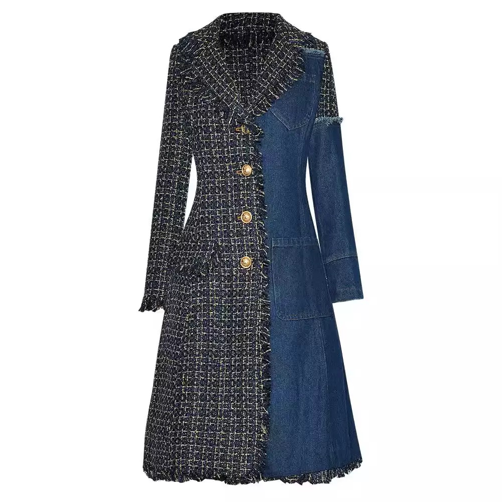 Denim patchwork mid-length plaid trench coat - Image 3