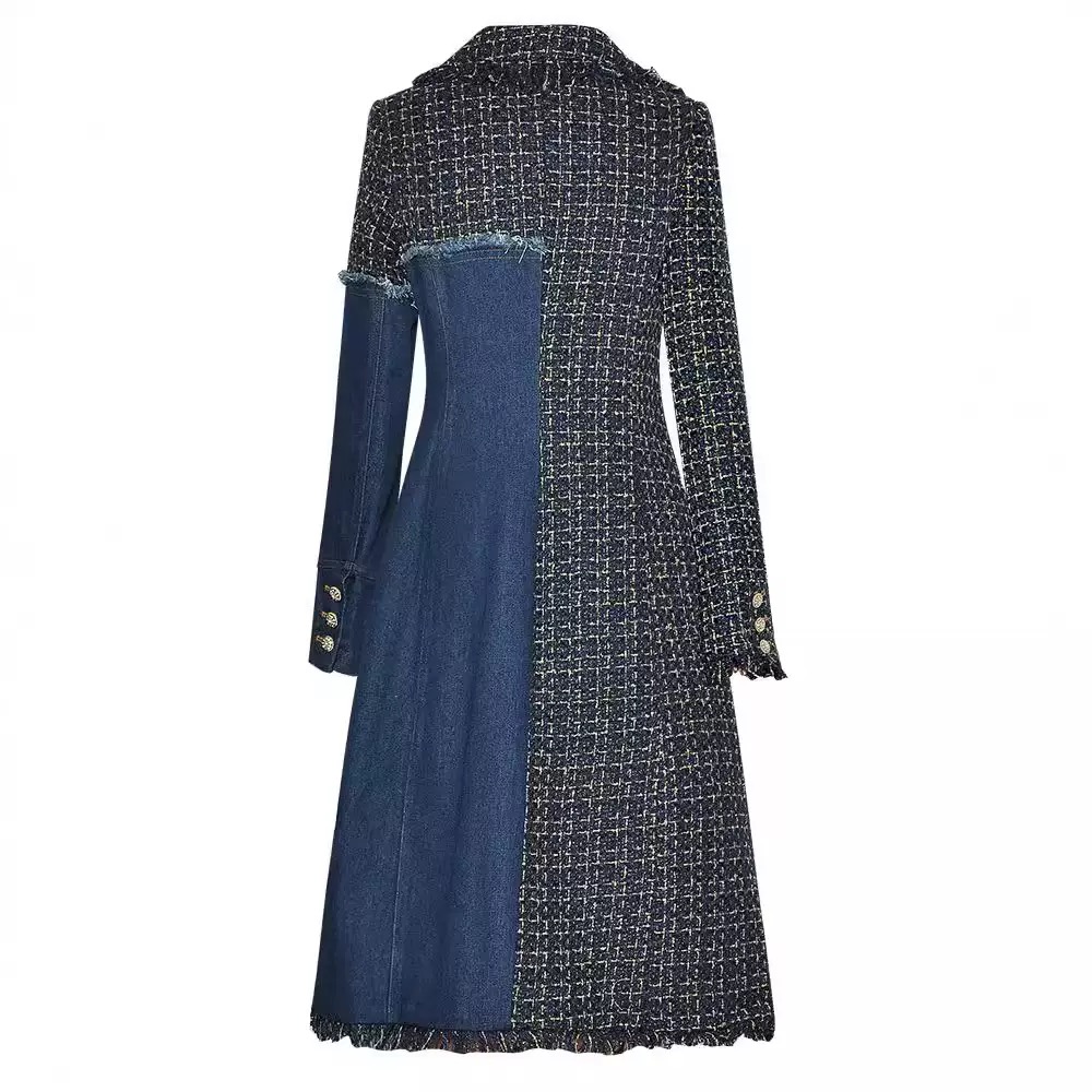 Denim patchwork mid-length plaid trench coat - Image 2