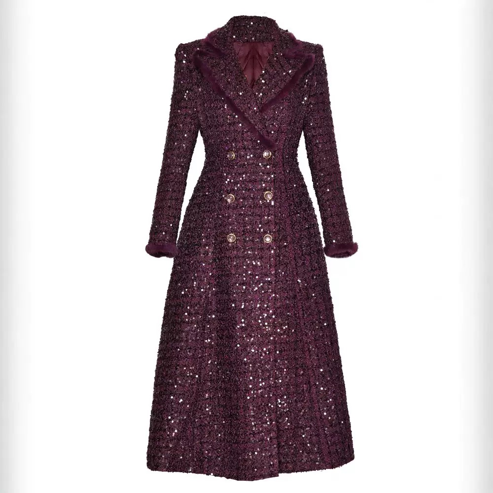 Fur-lined ,fitted waist,pockets,sequined design,padded & thickened overcoat - Image 3