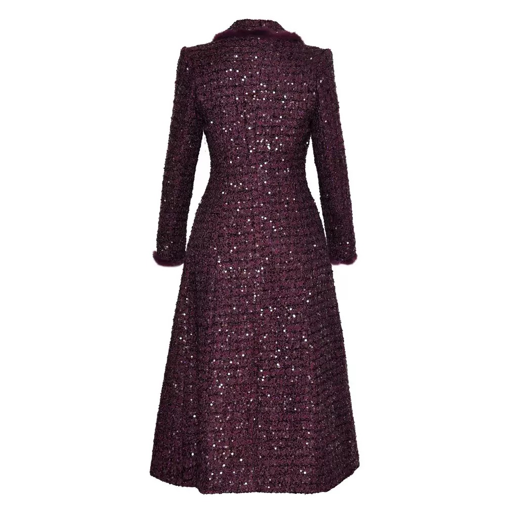 Fur-lined ,fitted waist,pockets,sequined design,padded & thickened overcoat - Image 2
