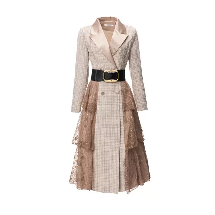 French light luxury elegant tweed patchwork heavy embroidery sequined jacket dress