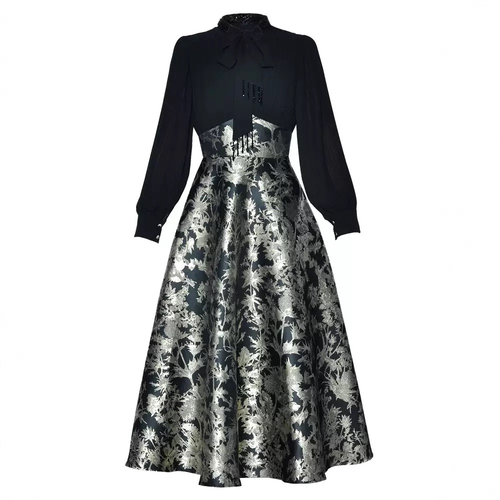 V neck patchwork jacquard print high waisted-hollowed out bow