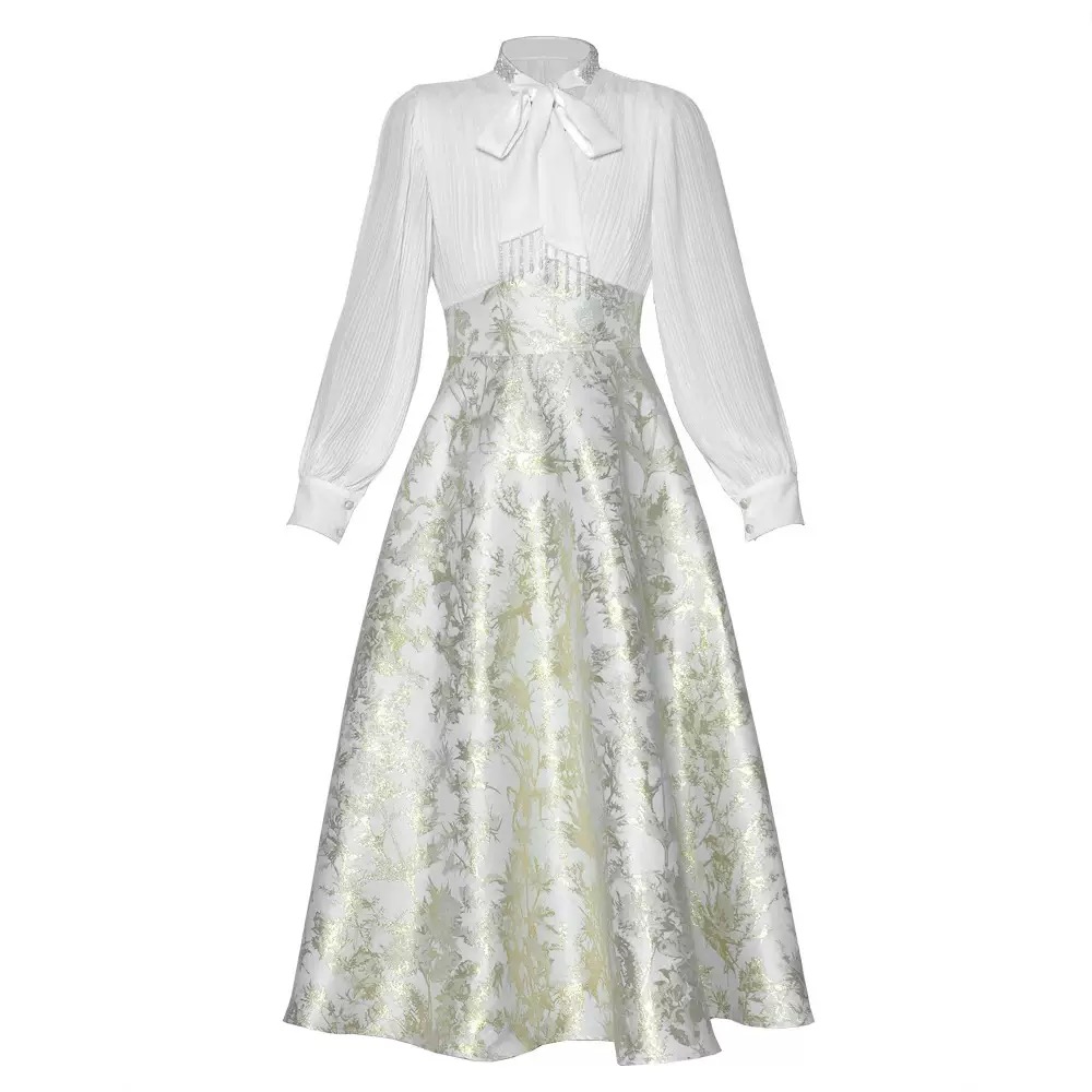 V neck patchwork jacquard print high waisted-hollowed out bow - Image 2