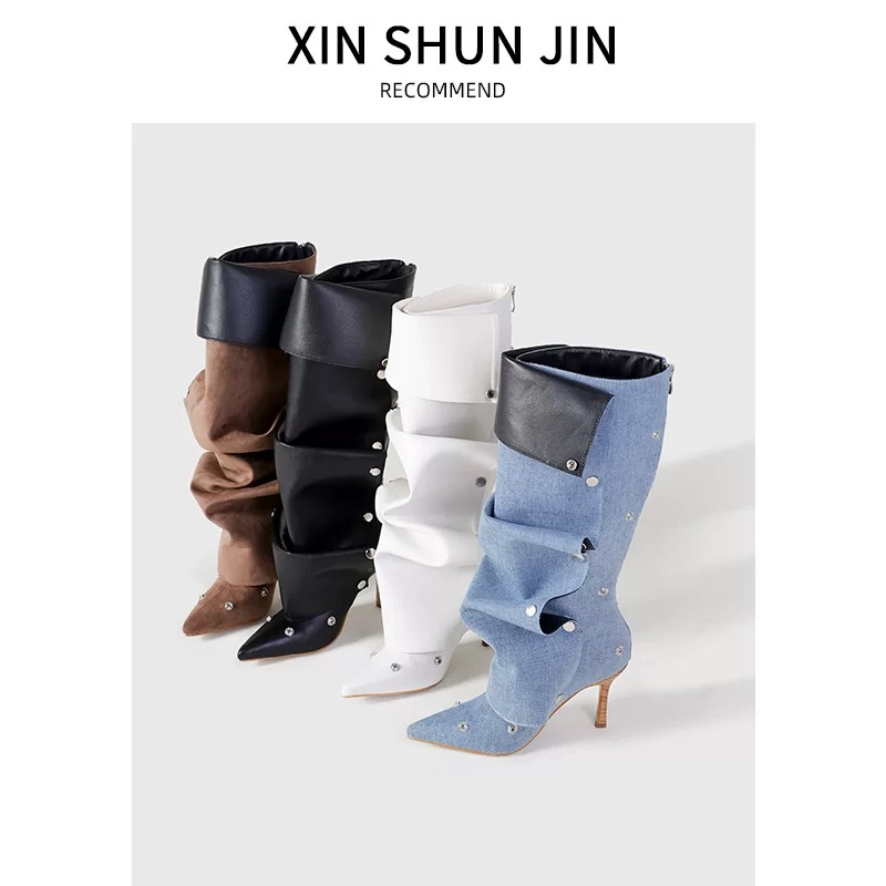 Studded buckle two-way Stiletto heeled  Denim pleated slouch Boots - Image 3