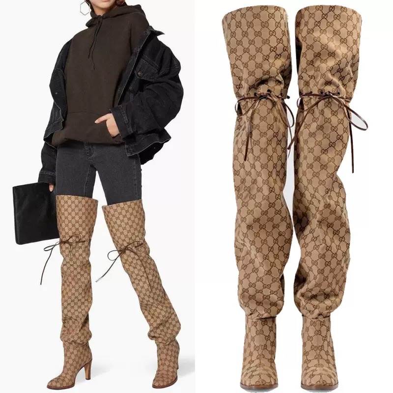 Printed high heels adjustable lace-up over the knee Boots