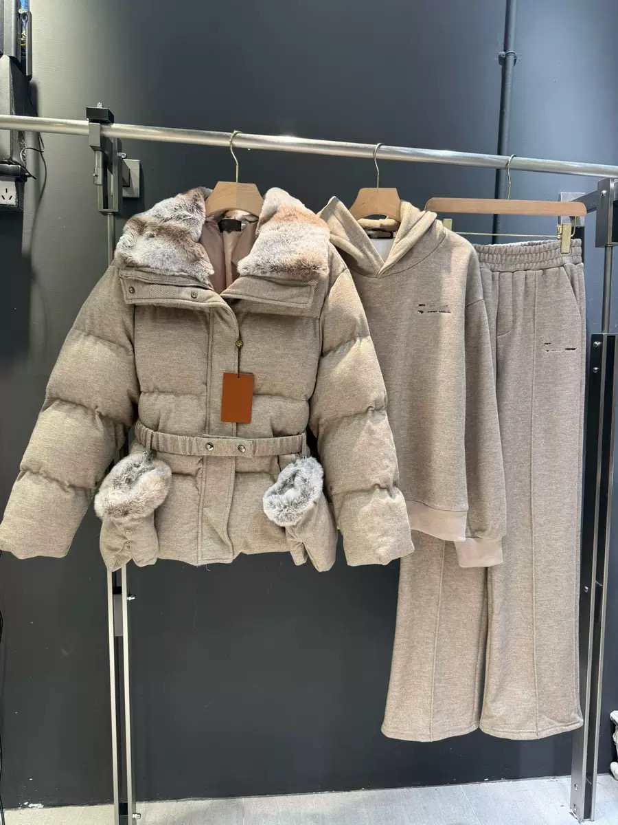 Three-Piece set Fur collar Jacket with belt,gloves ,Sweatshirt &trousers - Image 2