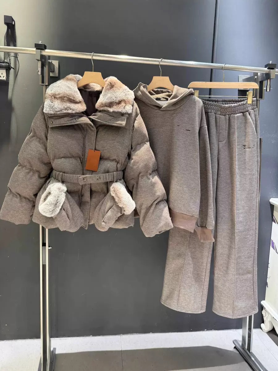 Three-Piece set Fur collar Jacket with belt,gloves ,Sweatshirt &trousers - Image 3