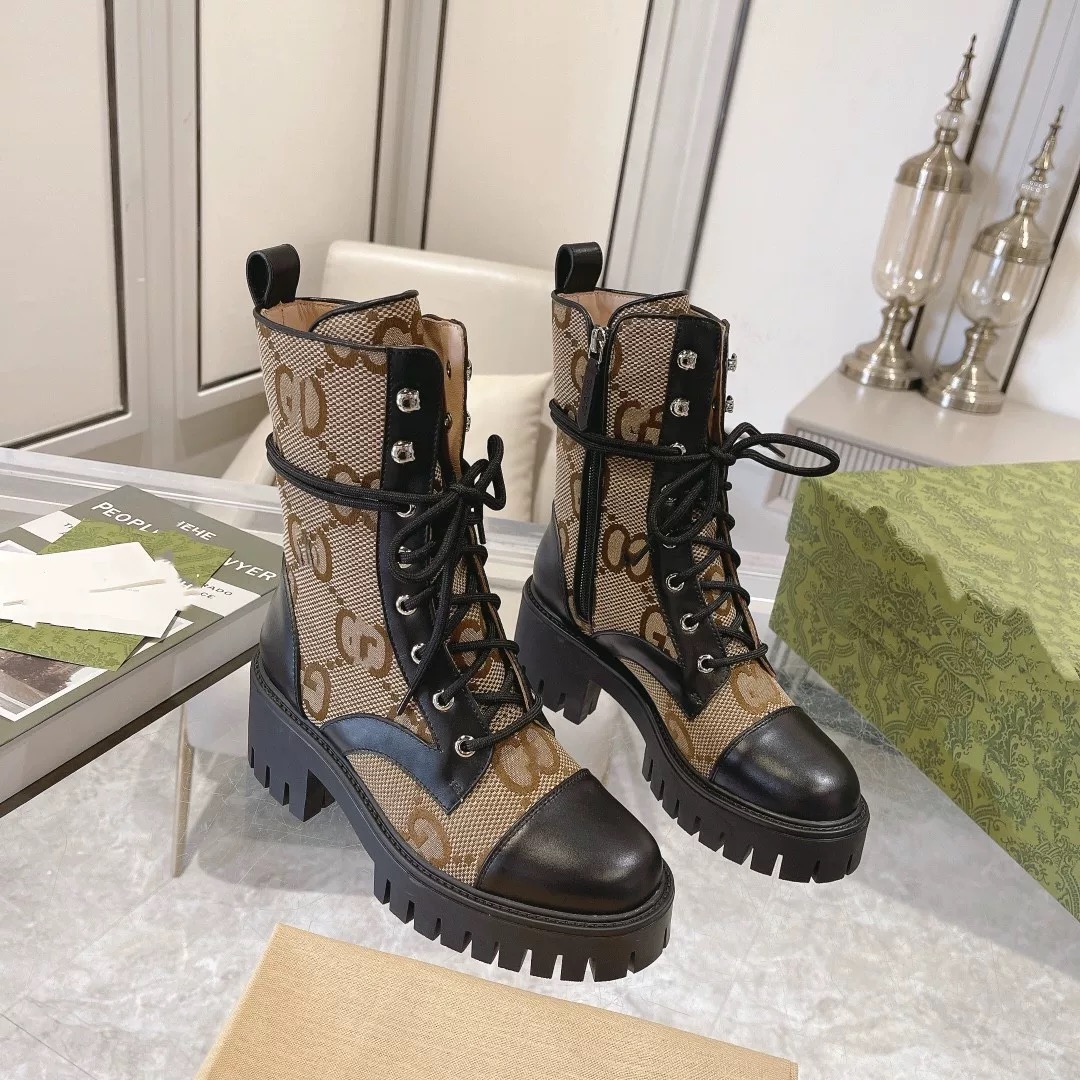 Leather Patchwork Round Toe Printed Ankle Boots - Image 2