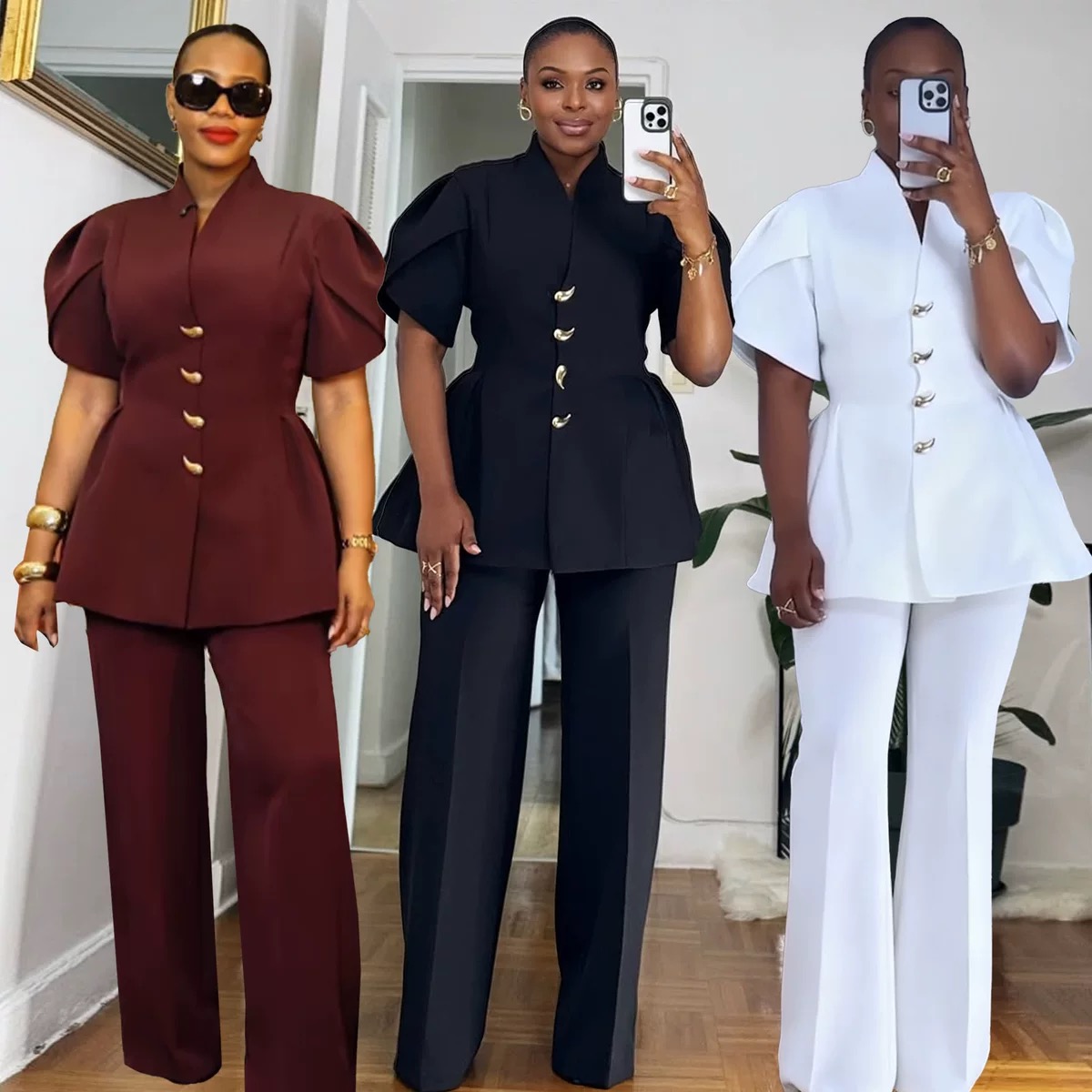 Elegant commuter two Piece set with Puff sleeves & Unique Buttons - Image 3