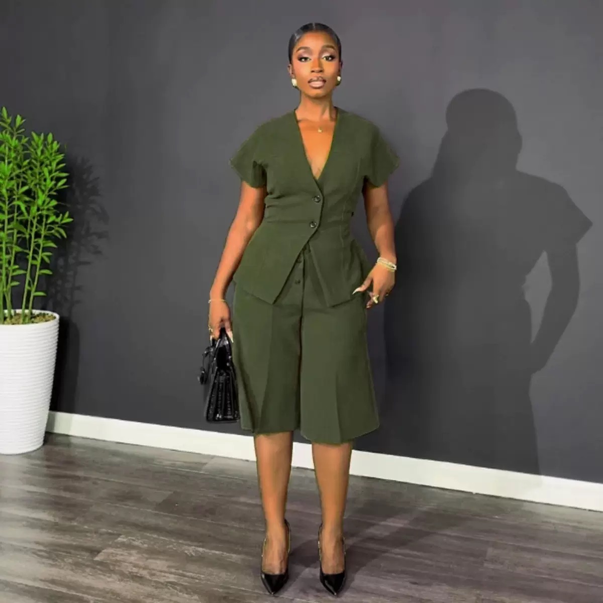 Elegant commuter two Piece set with raglan sleeves,fitted waist & tie-waist trousers - Image 2