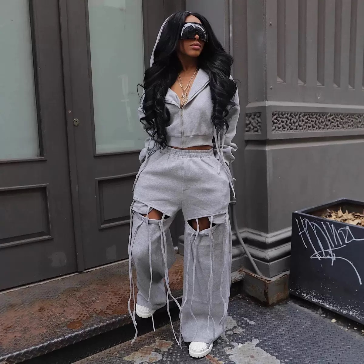 Casual commuter hooded zip-up Sweatshirt,wide leg ripped  two piece set - Image 3