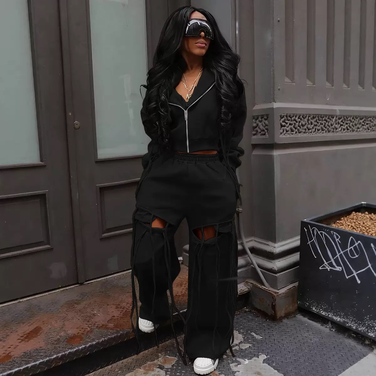 Casual commuter hooded zip-up Sweatshirt,wide leg ripped  two piece set - Image 2