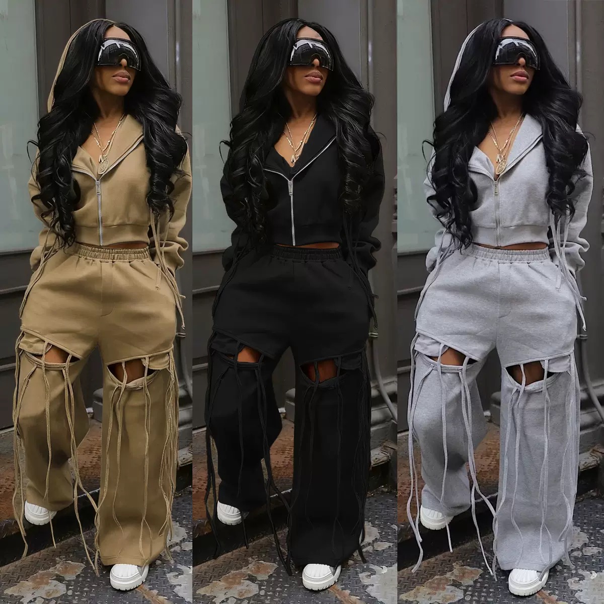Casual commuter hooded zip-up Sweatshirt,wide leg ripped  two piece set