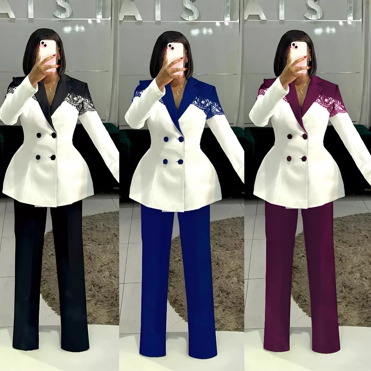 Elegant waist-cinching slim fit stretch lace patchwork two piece suit