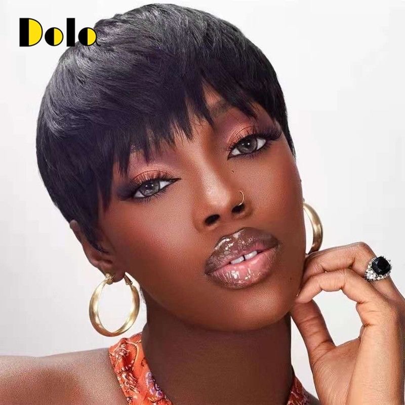 Brazilian virgin human pixie bang short wig straight hair