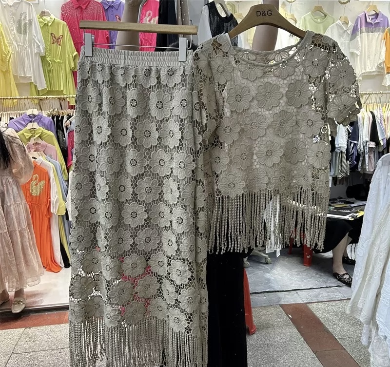 Crochet _Print ,Openwork & Tassel short sleeve (one size fit ) - Image 3