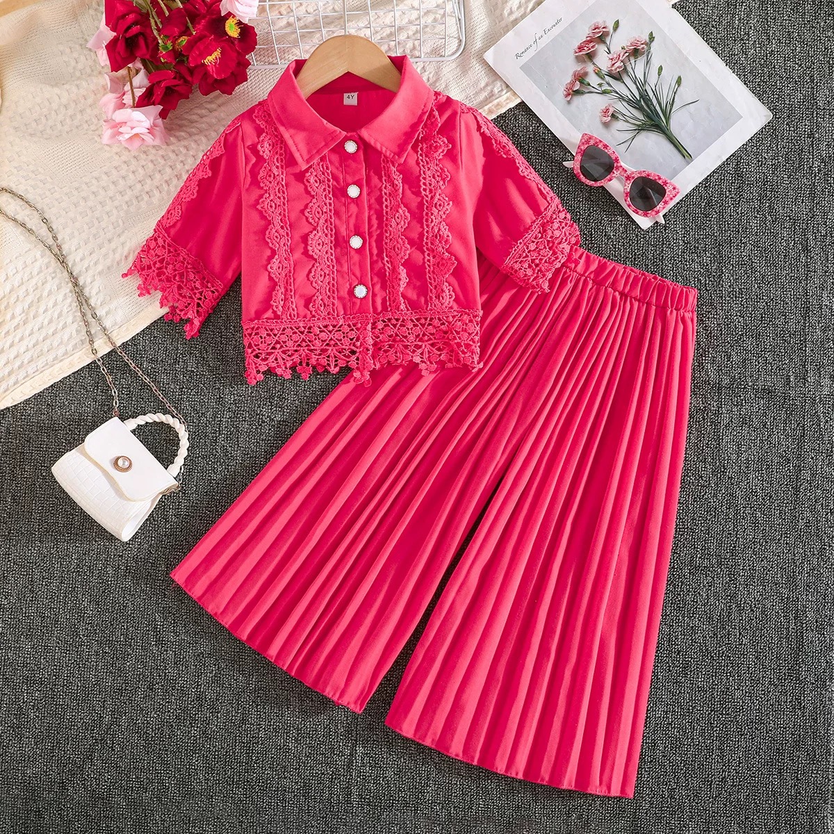 Girls style lace top + wide leg pants two piece(2-7 years old)