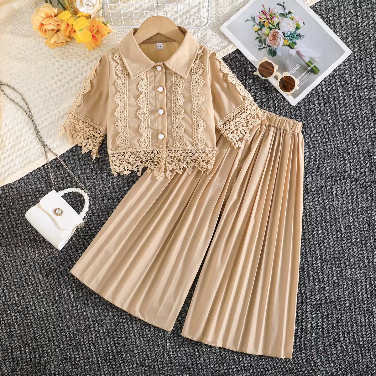 Girls style lace top + wide leg pants two piece(2-7 years old) - Image 2