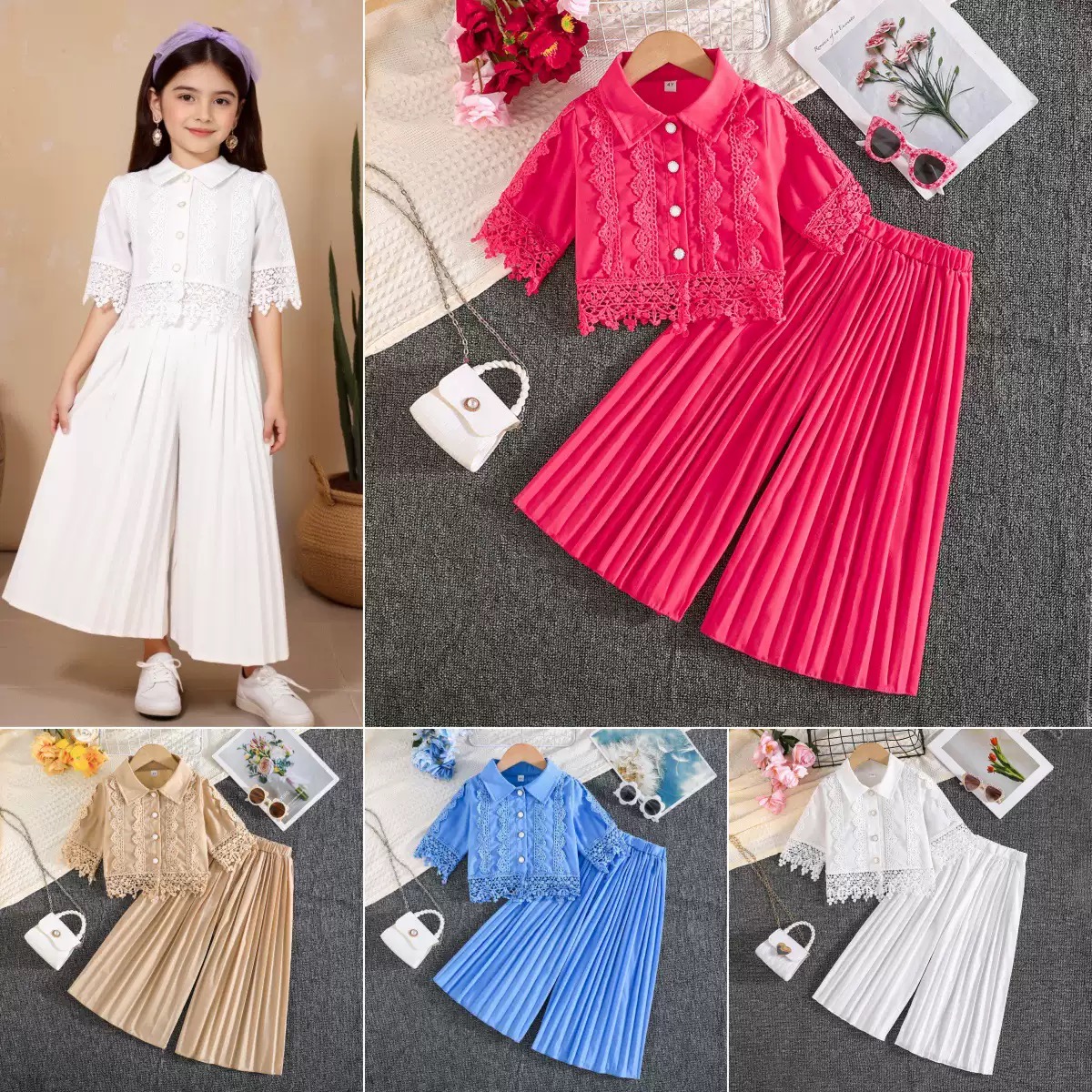 Girls style lace top + wide leg pants two piece(2-7 years old) - Image 3