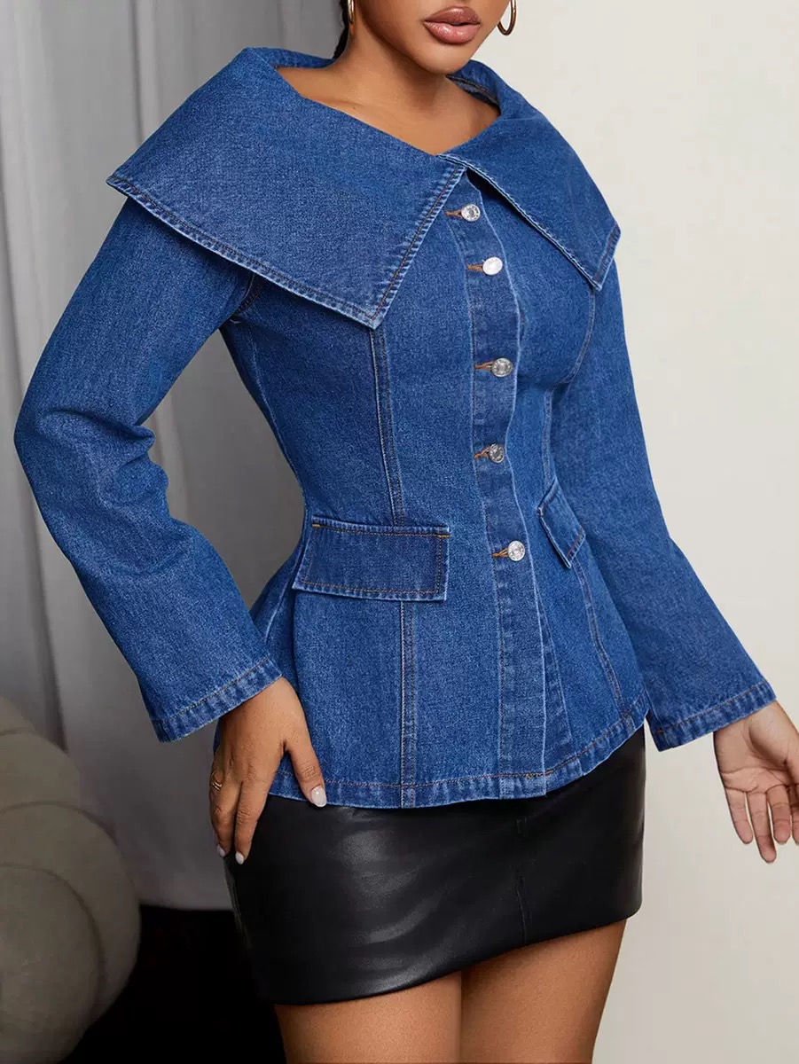 Oversized collar Denim long sleeve coat