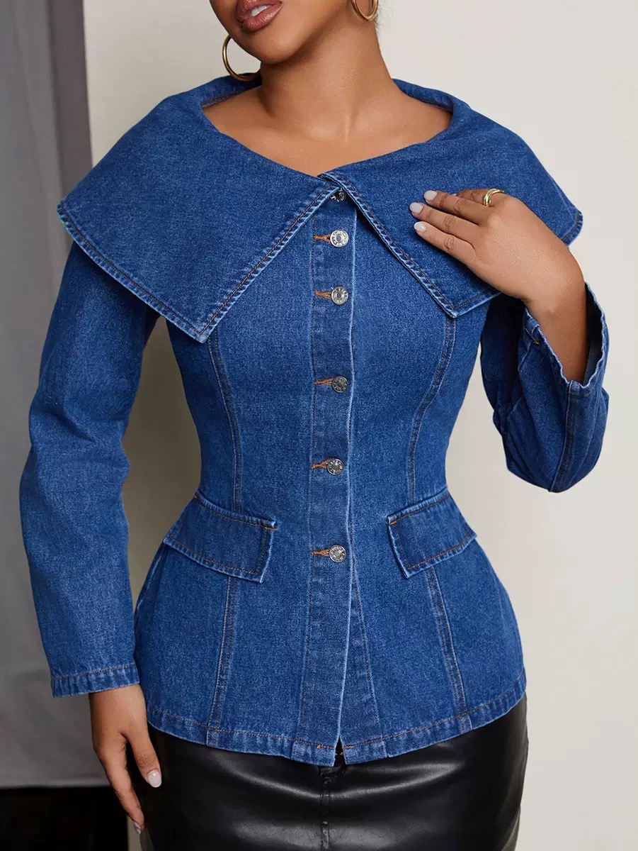 Oversized collar Denim long sleeve coat - Image 2