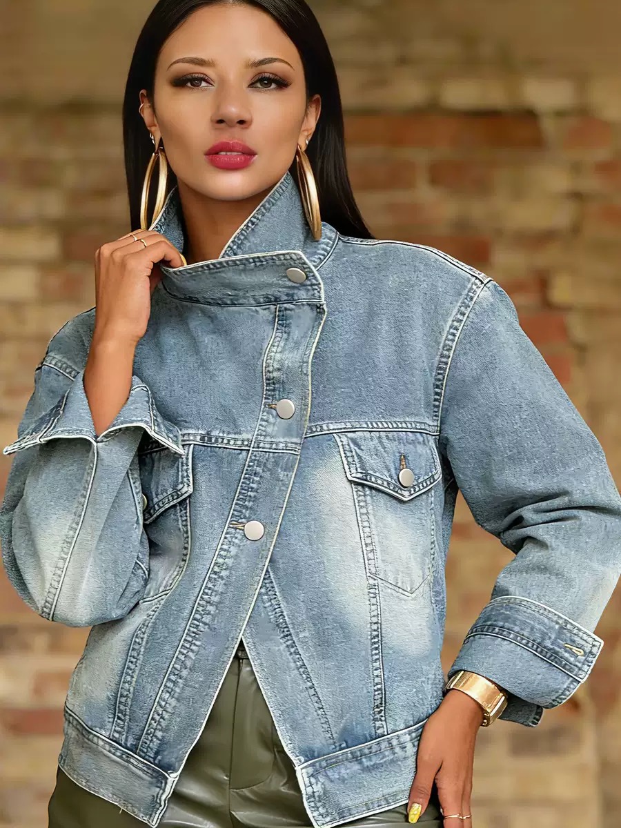 Motorcycle style washed stand collar Retro Denim Jacket - Image 3