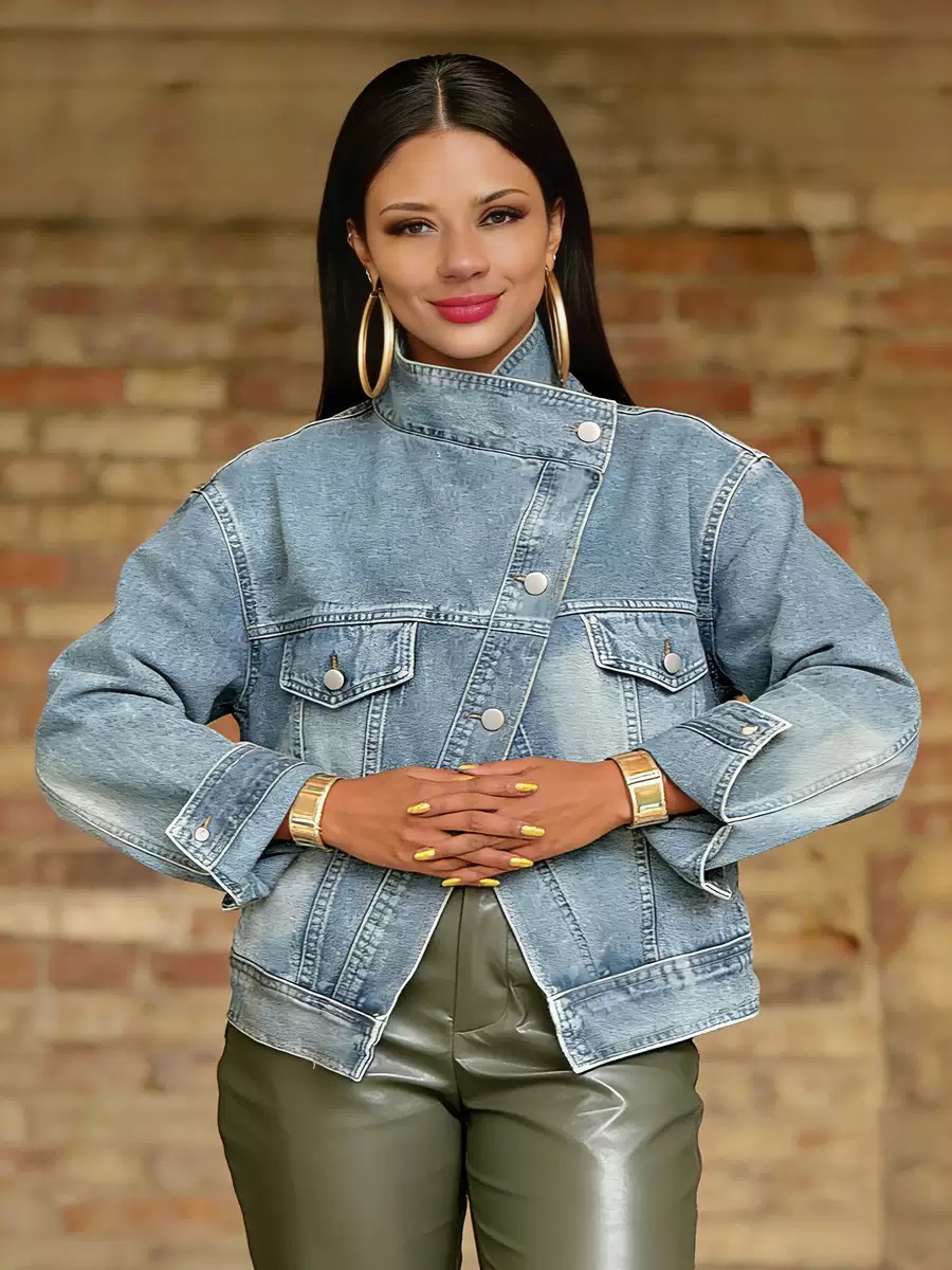 Motorcycle style washed stand collar Retro Denim Jacket