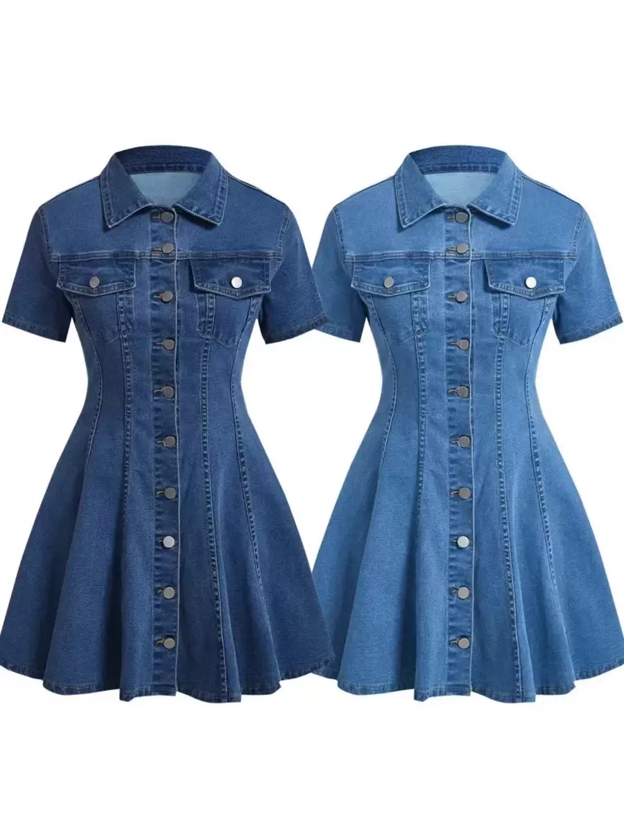 Denim short-sleeved cardigan dress