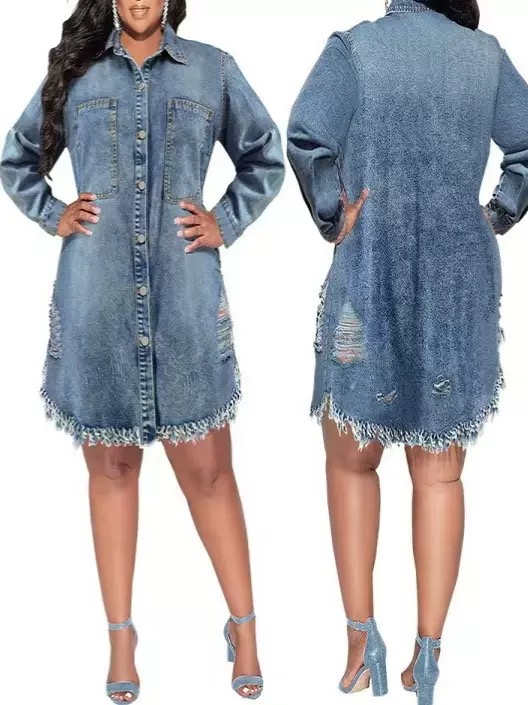 Denim Fringe Ripped Long-sleeved Jacket