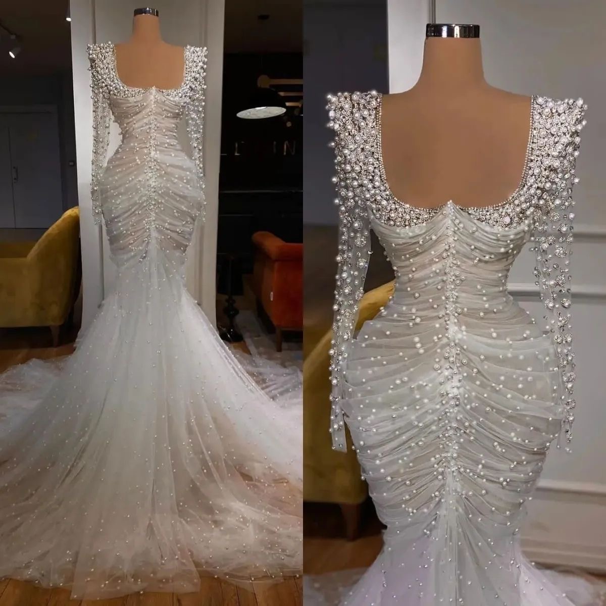Long Sleeve ivory pearls mermaid wedding dress - Image 3