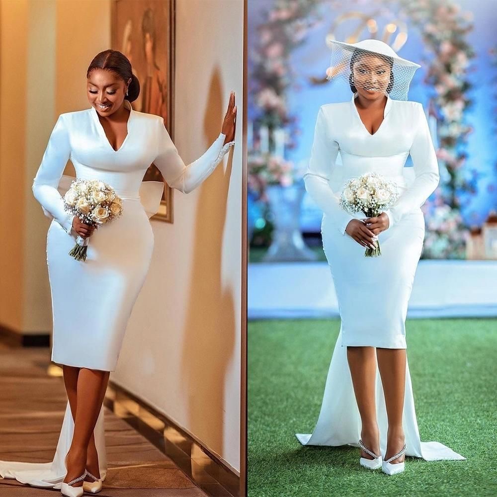 Reception long sleeve white short wedding Bridal Dress gown