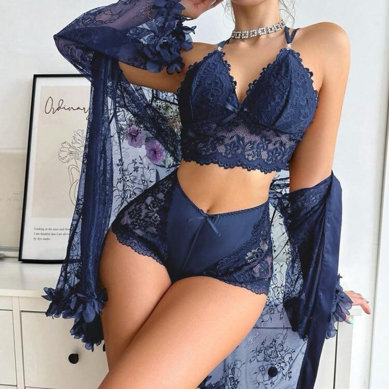 Home wear 3 Piece Set lace dress ,trim & robe - Image 2