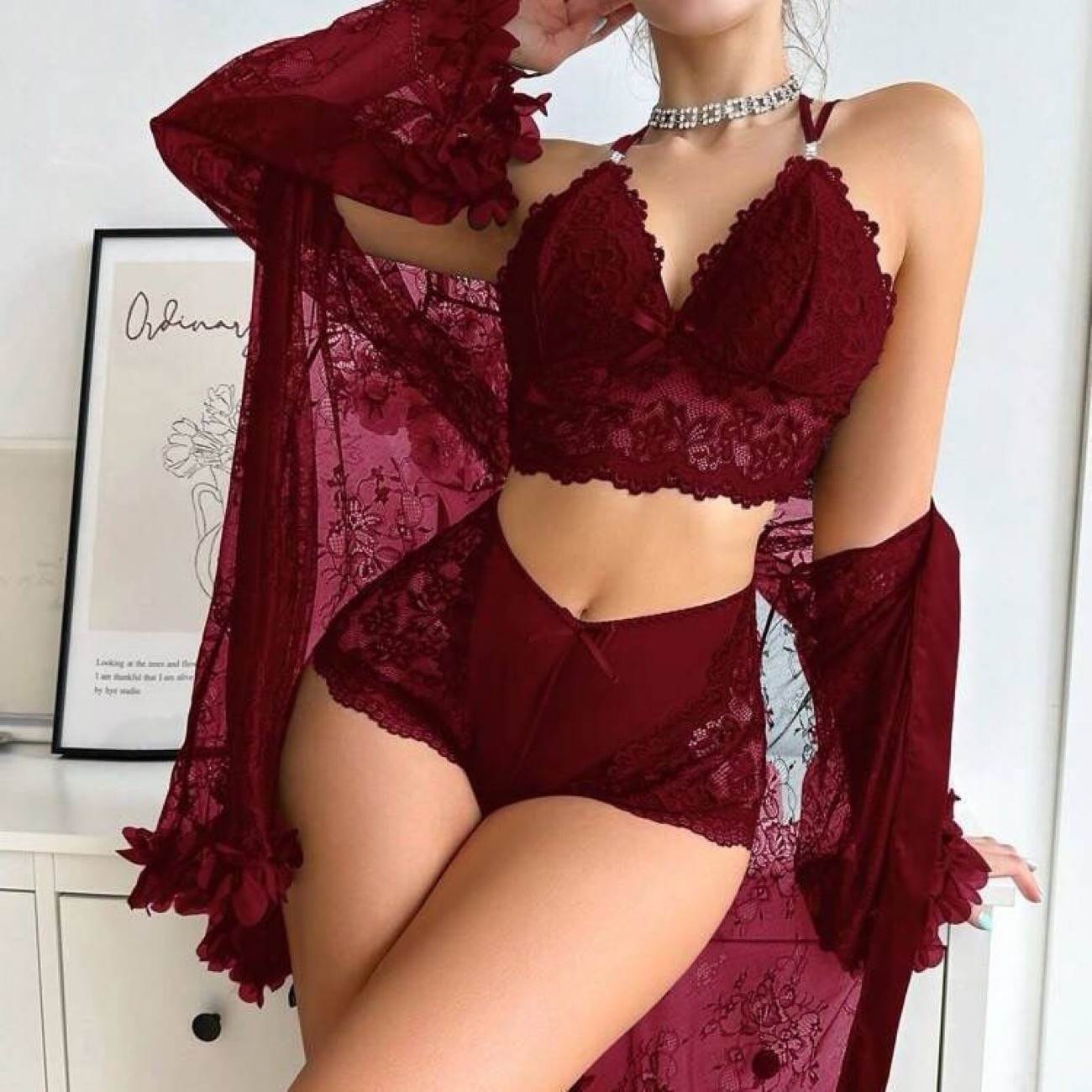 Home wear 3 Piece Set lace dress ,trim & robe